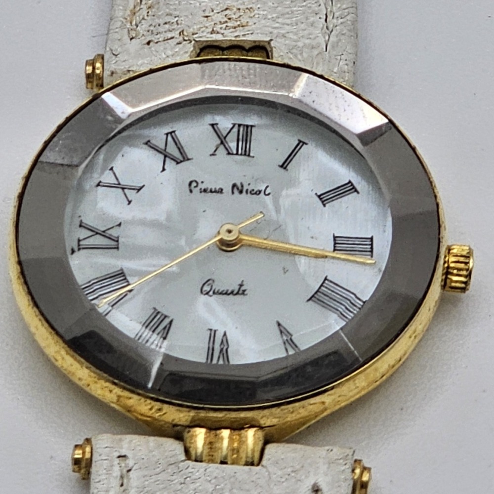 Ladies Pierre Nicol Gold Tone White Abalone Leather Band Analog Watch E6